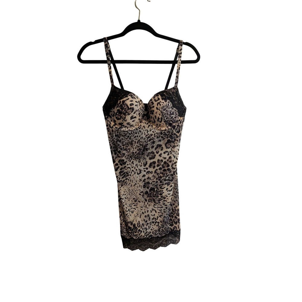 Victoria's Secret Slip Dress Womens 36C Tan Leopard Print Lace Trim Underwire